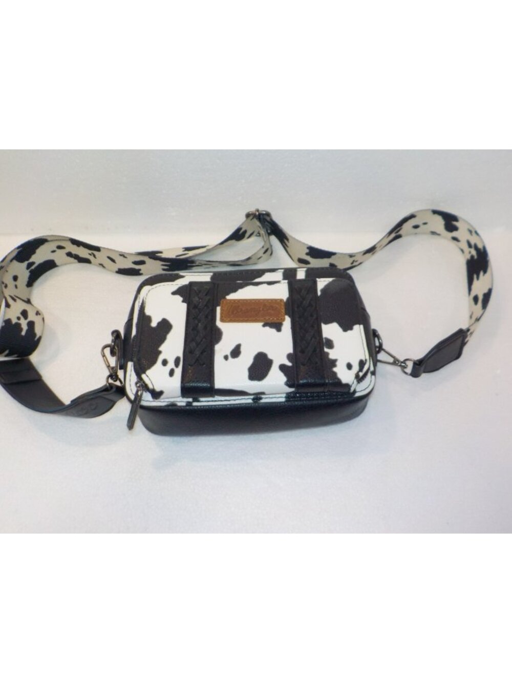 Wrangler Black & White Cow Print Crossbody Adj Strap Western Cowgirl